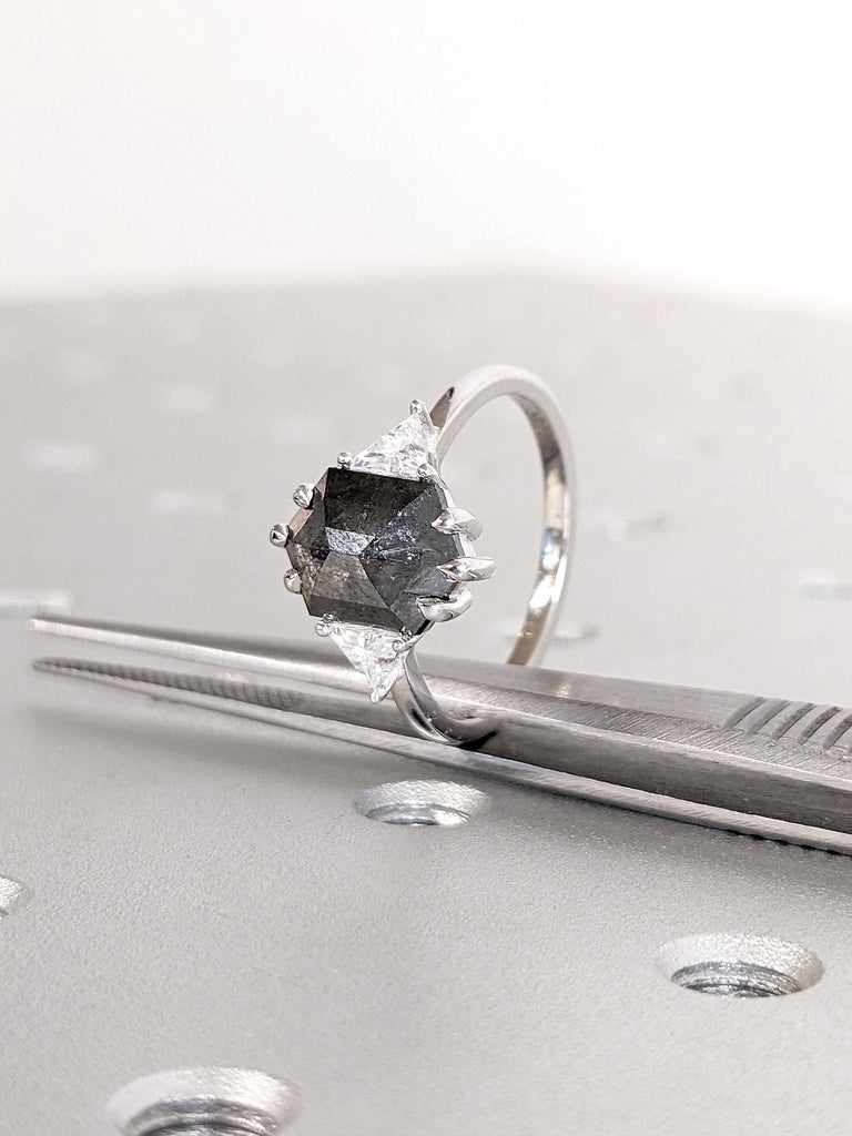 Unique Natural Salt and Pepper Grey Diamond Ring | Hexagon cut Engagement Ring | 14k White Gold Rings for Women | Three Stone Promise Ring