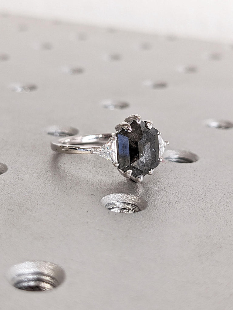 Comfort Fit Diamond Engagement Ring | Triangle Diamond Ring | Art Deco Ring | 14k 18k Gold Diamond Ring | Hexagon cut Salt and Pepper Diamond