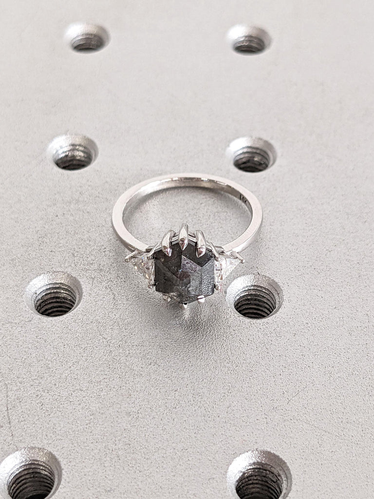 Unique Natural Salt and Pepper Grey Diamond Ring | Hexagon cut Engagement Ring | 14k White Gold Rings for Women | Three Stone Promise Ring