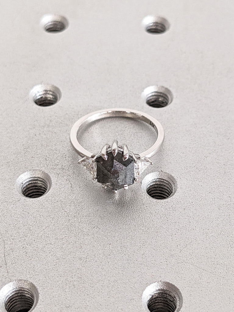 1CT, 2ct Genuine Diamond Engagement Ring | Comfort Fit Wedding Ring | Solid Gold Salt and Pepper Diamond Ring | Hexagon cut Art Deco Ring
