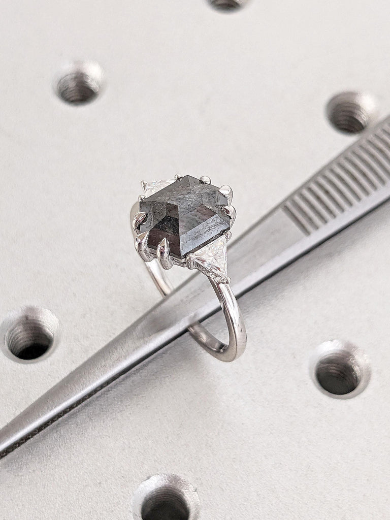 14k White Gold Engagement Ring Three Stone Diamond Ring | 2 Carat Natural Black and White Diamond Ring | Women Wedding Ring