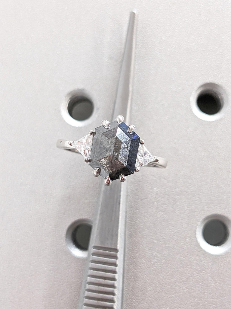 Geometrical Engagement Ring | 14k Gold Engagement Ring | Salt and Pepper Diamond Promise Anniversary Ring for Her