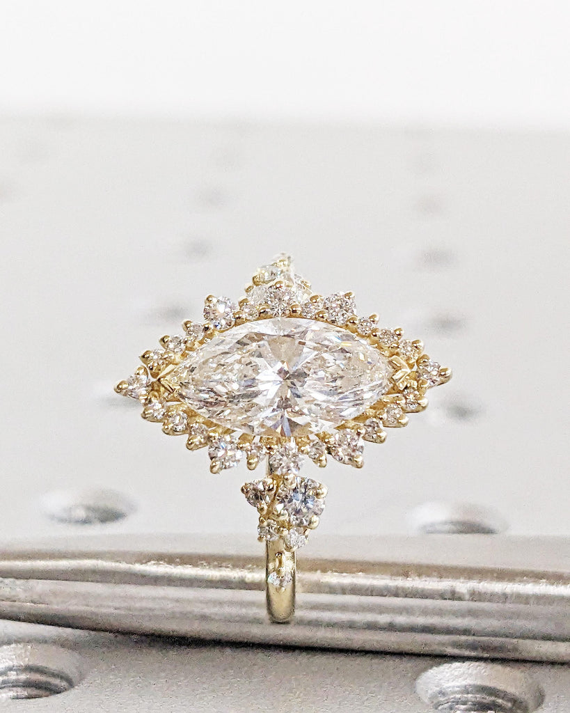 Sparkly Star Burst Halo Ring, Moissanite Marquise Engagement Ring, 14K Yellow Gold Halo Engagement Ring, Cluster Halo Statement Ring For Her