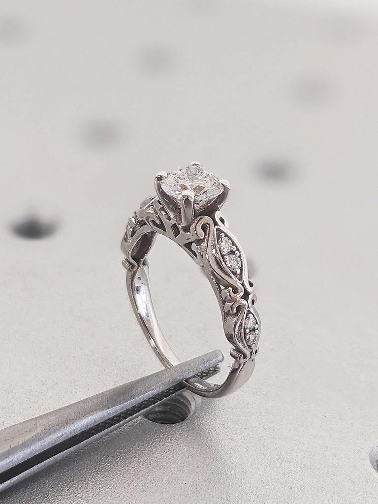 14K Solid White Gold Classic Lab Diamond Engagement Ring, Vintage Filigree Wedding Ring, Art Deco Antique Lace Ring, Unique Heirloom Jewelry