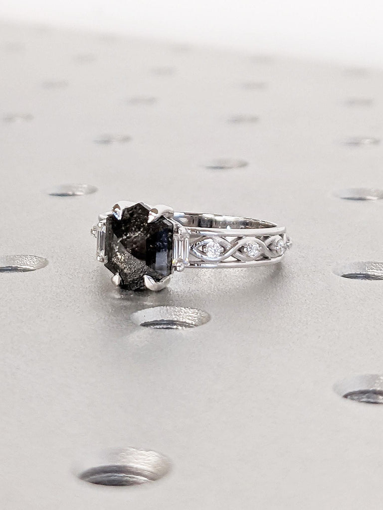 14K Solid White Gold Hexagon Salt And Pepper Diamond Engagement Ring, Vintage Celtic Twisted Band, Alternative Bridal Wedding Ring For Her