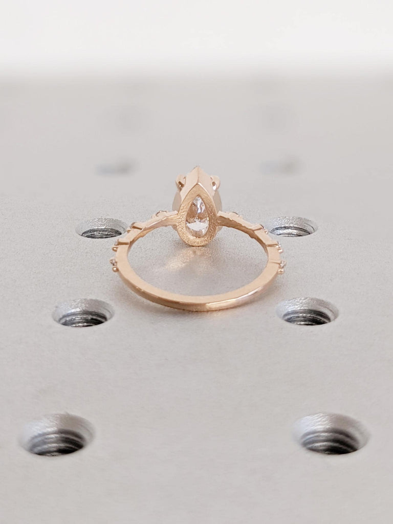 1.5 Carat Pear Lab Diamond Engagement Ring, 14K Rose Gold Dainty Thin Band, 4 Prong Setting, Moissanite Accent Promise Ring, Wedding Ring