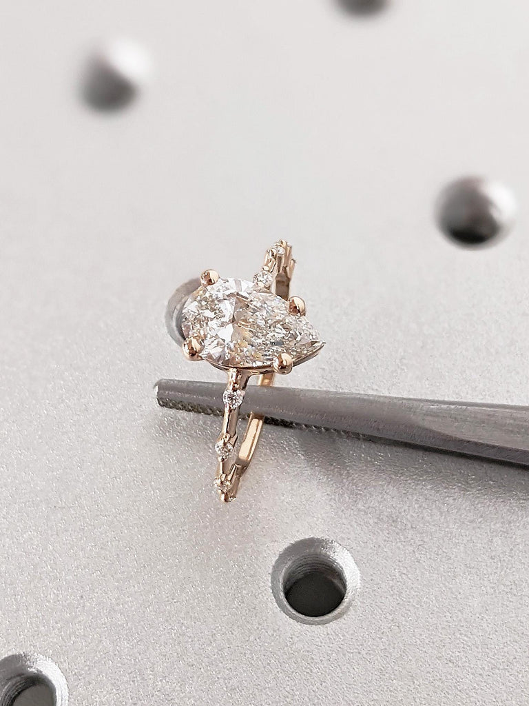 1.5 Carat Pear Lab Diamond Engagement Ring, 14K Rose Gold Dainty Thin Band, 4 Prong Setting, Moissanite Accent Promise Ring, Wedding Ring
