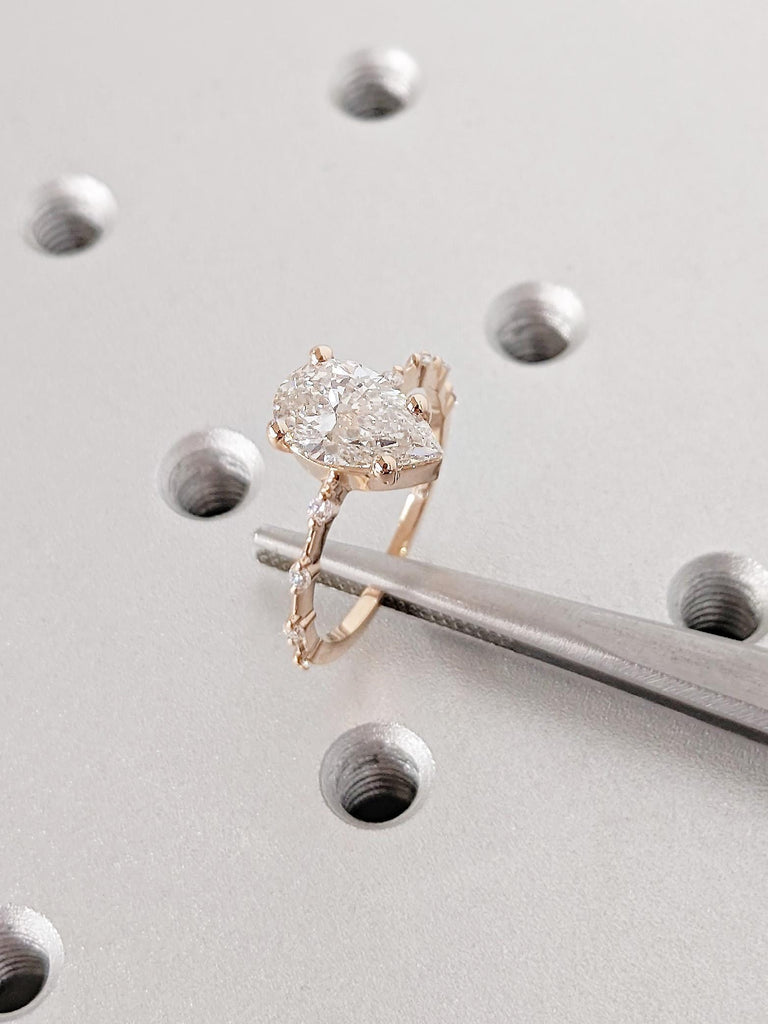 1.5 Carat Pear Lab Diamond Engagement Ring, 14K Rose Gold Dainty Thin Band, 4 Prong Setting, Moissanite Accent Promise Ring, Wedding Ring