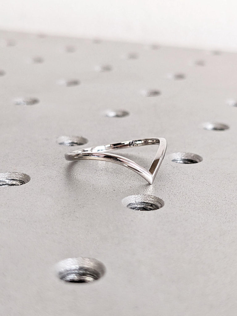 14k White Gold Chevron Stacking Ring | Thin Gold Ring | Dainty Wedding Ring | Plain Gold Band | Woman Bridal Ring | Minimalist Ring for Her