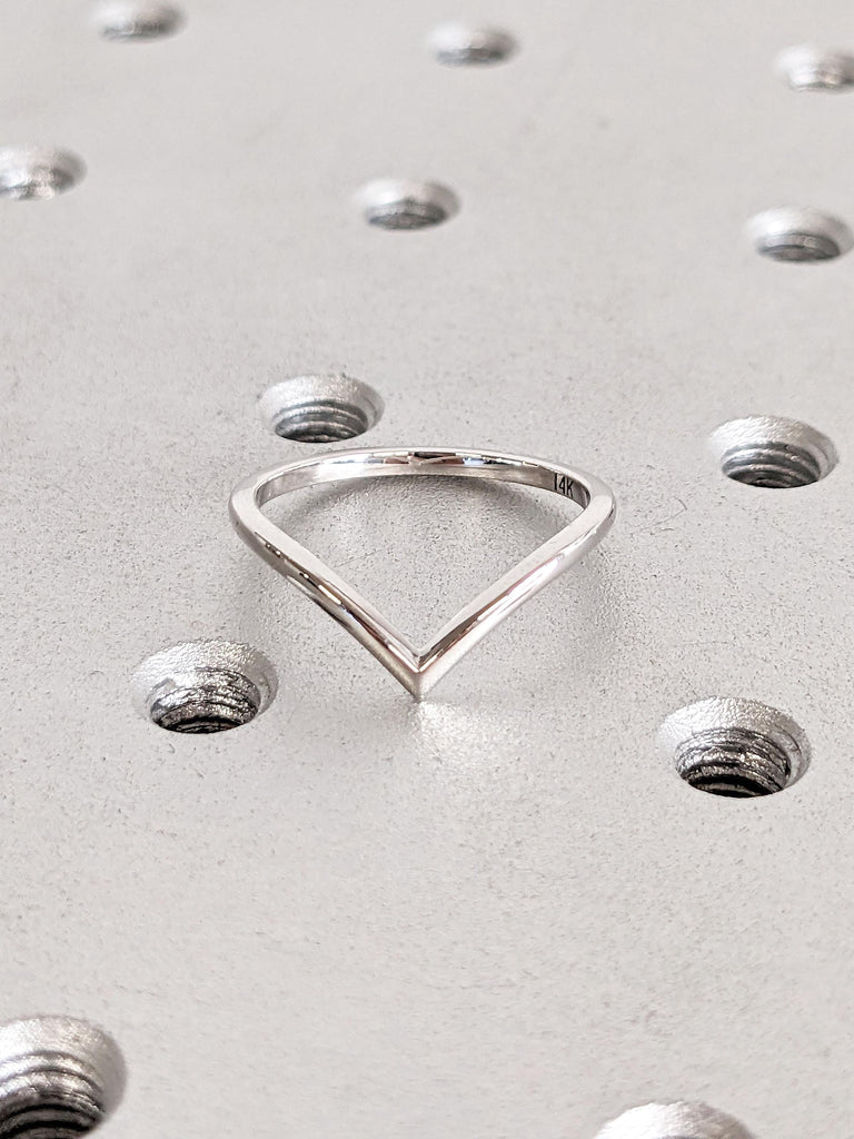 14k White Gold Chevron Stacking Ring | Thin Gold Ring | Dainty Wedding Ring | Plain Gold Band | Woman Bridal Ring | Minimalist Ring for Her