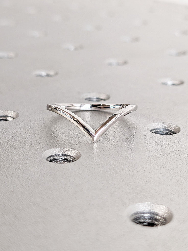 14k White Gold Chevron Stacking Ring | Thin Gold Ring | Dainty Wedding Ring | Plain Gold Band | Woman Bridal Ring | Minimalist Ring for Her