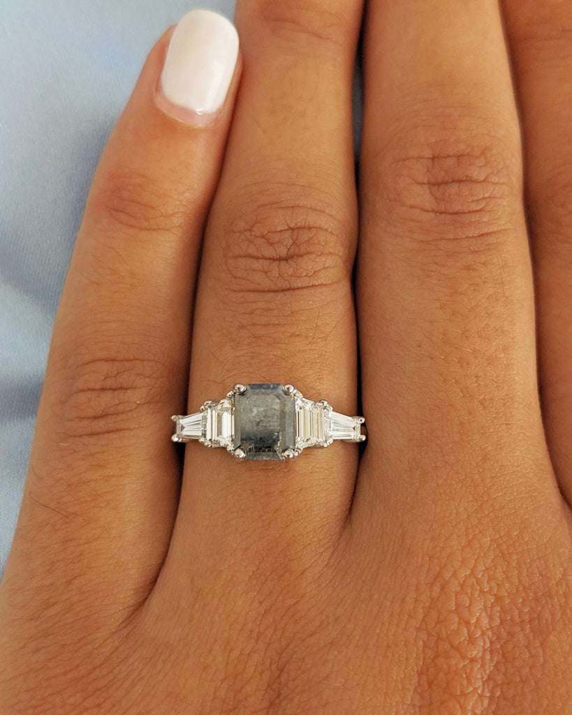 Unique Emerald cut Black Diamond Engagement Ring | 1ct, 2 Carat Raw Salt and Pepper Diamond Ring | Promise Ring for Her | 14k 18k Gold Ring