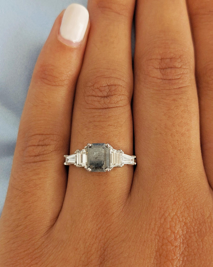 Five Stone Emerald Cut Salt and Pepper Diamond Engagement Ring, Side Trapezoid & Tapered Baguette Ring, Unique Art Deco Promise Ring for Her