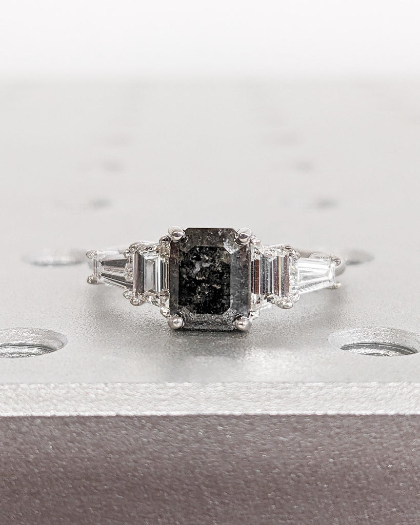 Unique Emerald cut Black Diamond Engagement Ring | 1ct, 2 Carat Raw Salt and Pepper Diamond Ring | Promise Ring for Her | 14k 18k Gold Ring