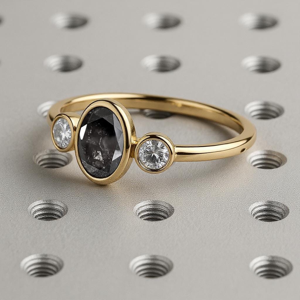 Oval Cut Salt and Pepper Diamond Engagement Ring • Vintage Bezel Set Diamond Ring • Dainty Engagement Ring • 14K Solid Gold Three Stone Ring