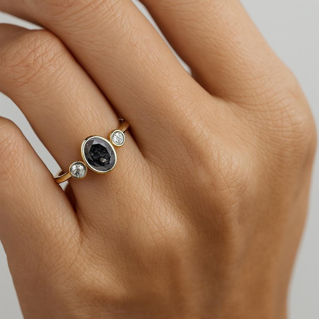 Oval Salt and Pepper Diamond Ring, Three Stone Engagement Ring, Bezel Ring, 14K Solid Gold Wedding Ring, Anniversary Ring, Promise Ring