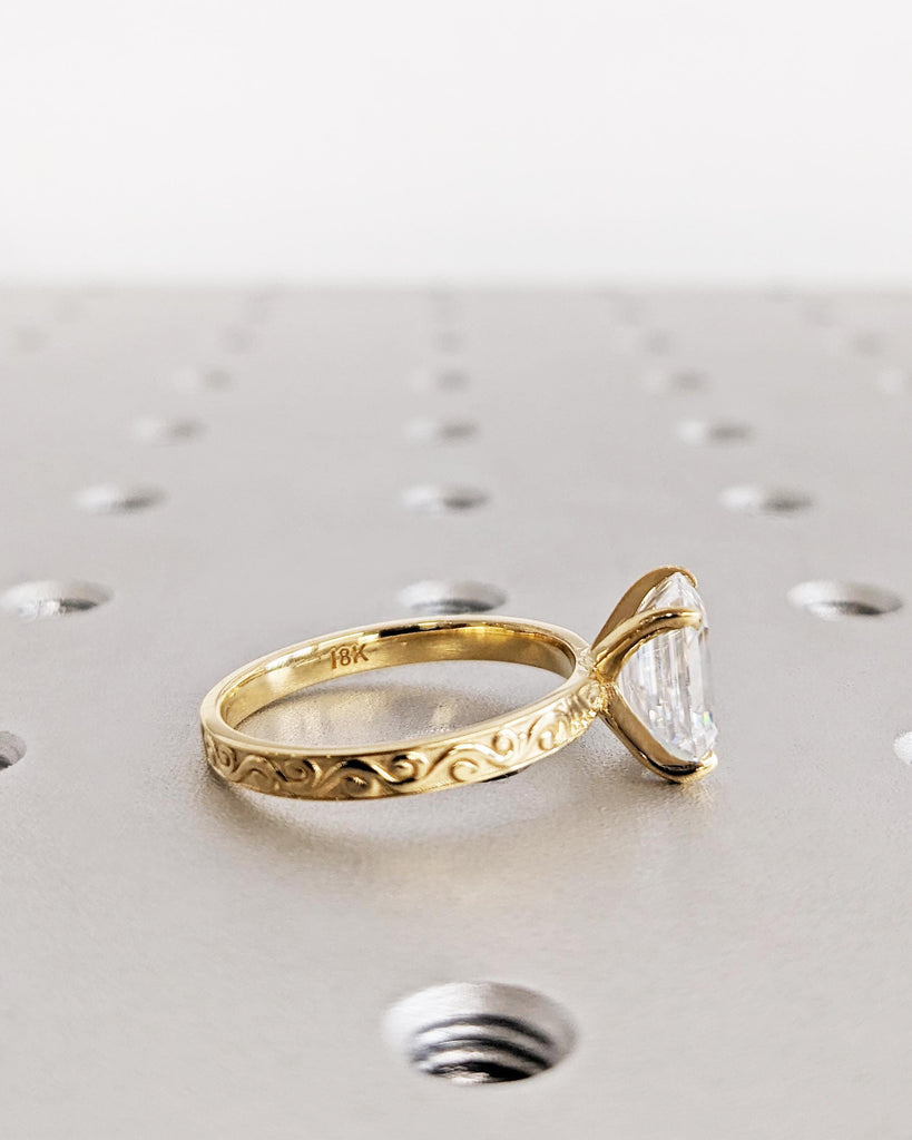 Victorian Emerald Cut Moissanite Engagement Ring, 14K 18K Gold Moissanite Engraved Vintage Wedding Ring for Her, Anniversary Ring For Women