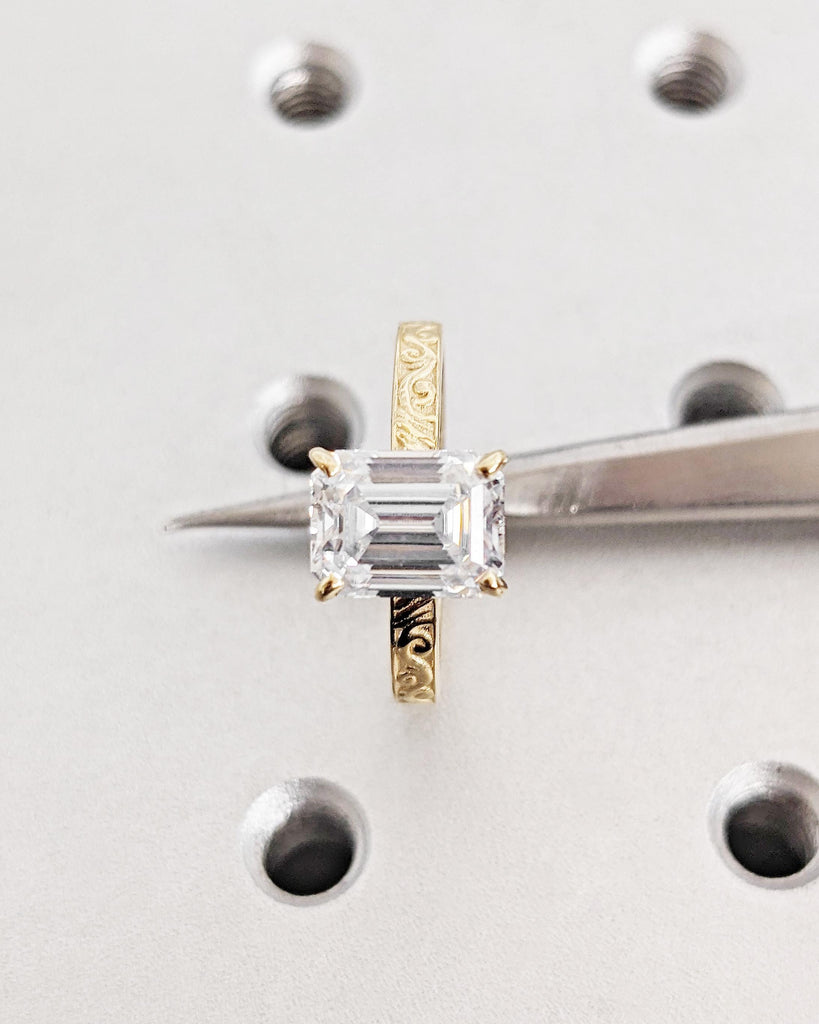 Victorian Emerald Cut Moissanite Engagement Ring, 14K 18K Gold Moissanite Engraved Vintage Wedding Ring for Her, Anniversary Ring For Women