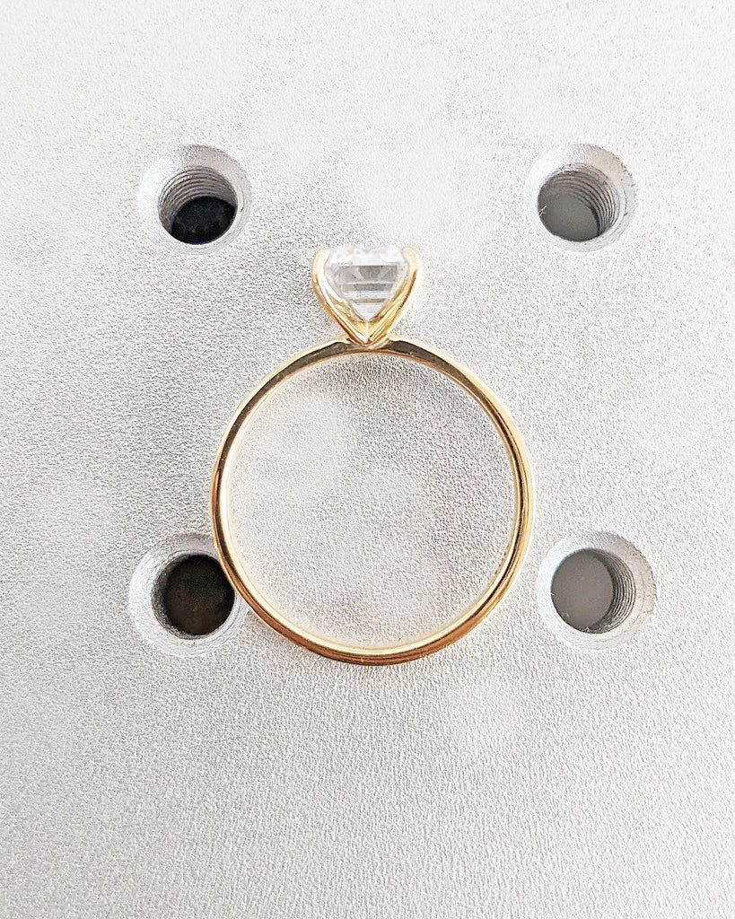 Emerald cut Moissanite Solitaire Promise Ring | Vintage Inspired 14K 18K Yellow Gold Band for Her | Scrollwork Pattern Women Wedding Band