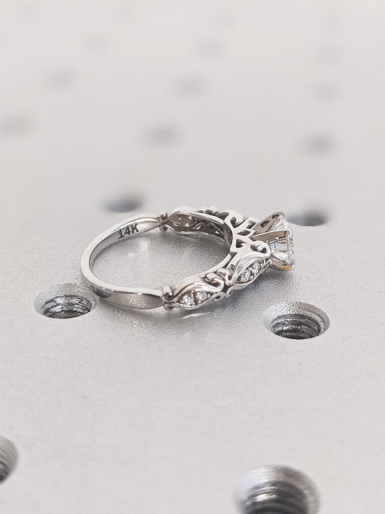 Antique Round Moissanite Engagement Ring, Vintage 14K Solid White Filigree Moissanite Wedding Band, Art Nouveau Heirloom Ring, Romantic Gift