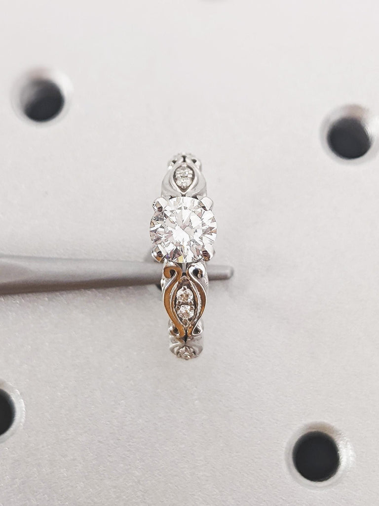 Antique Round Moissanite Engagement Ring, Vintage 14K Solid White Filigree Moissanite Wedding Band, Art Nouveau Heirloom Ring, Romantic Gift