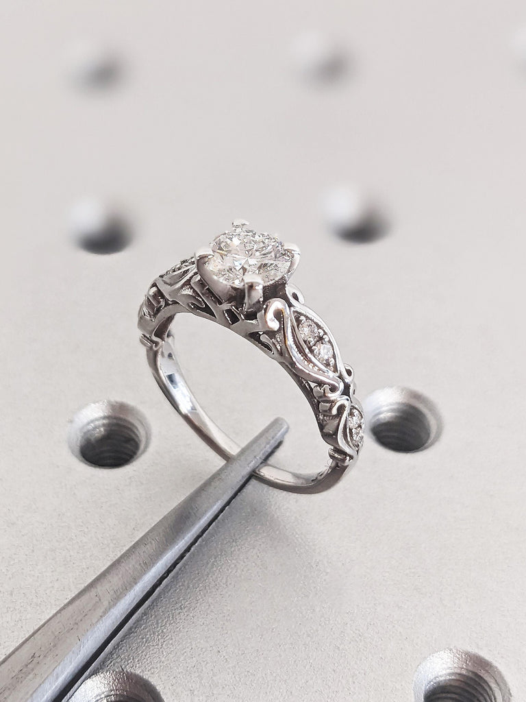 Antique Round Moissanite Engagement Ring, Vintage 14K Solid White Filigree Moissanite Wedding Band, Art Nouveau Heirloom Ring, Romantic Gift