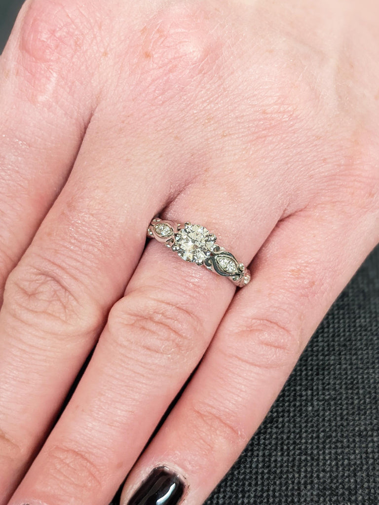 Antique Round Moissanite Engagement Ring, Vintage 14K Solid White Filigree Moissanite Wedding Band, Art Nouveau Heirloom Ring, Romantic Gift