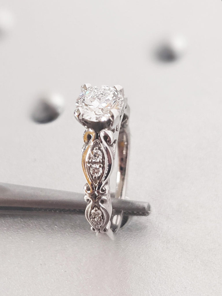 Antique Round Moissanite Engagement Ring, Vintage 14K Solid White Filigree Moissanite Wedding Band, Art Nouveau Heirloom Ring, Romantic Gift