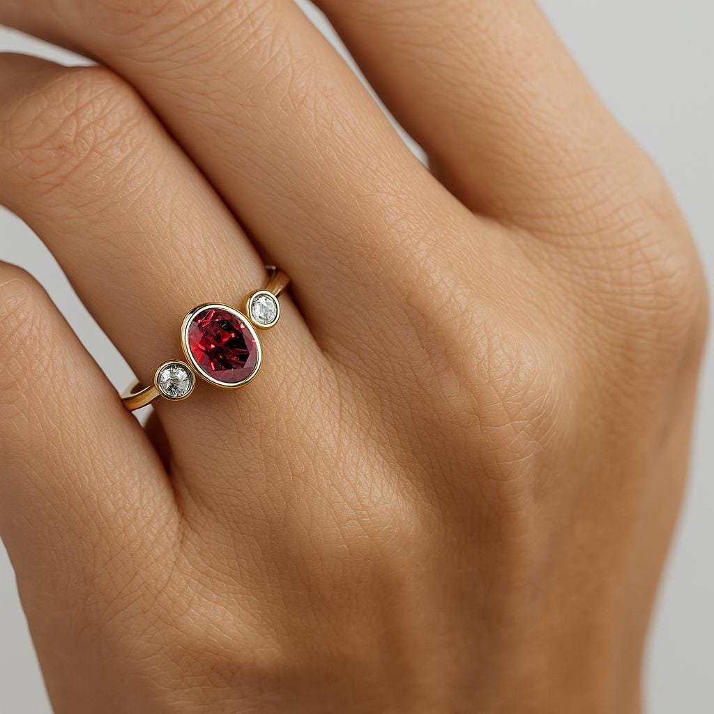 Bezel Set Ruby Engagement Ring, 14K Gold Bezel Set Ruby Ring, Oval Lab Ruby Ring, Vintage Ruby Ring, Three Stone Ring, Dainty Ring for Women