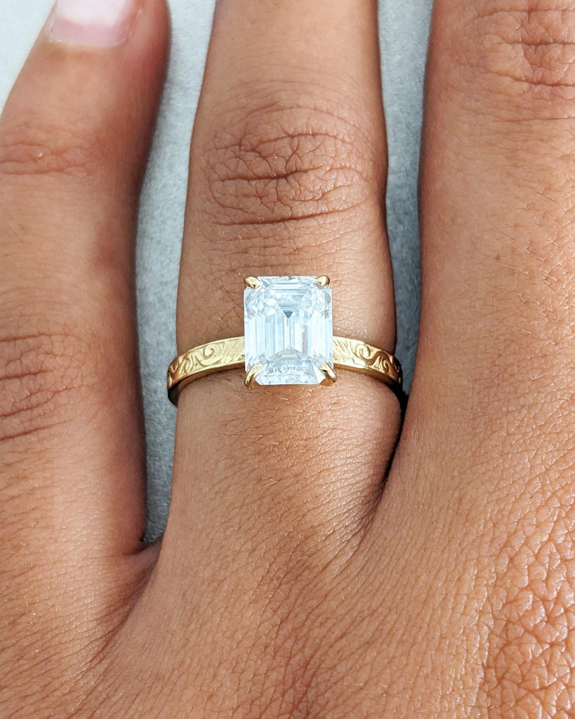 Victorian Emerald Cut Moissanite Engagement Ring, 14K 18K Gold Moissanite Engraved Vintage Wedding Ring for Her, Anniversary Ring For Women