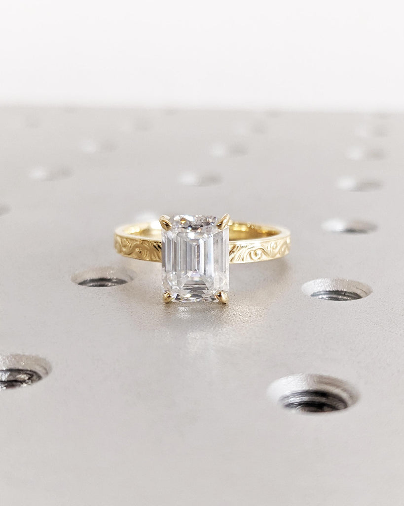 Emerald cut Lab Grown Diamond Vintage Solitaire Engagement Ring, Solid 18K Yellow Gold Filigree Engraving Women Wedding Ring, Bridal Jewelry