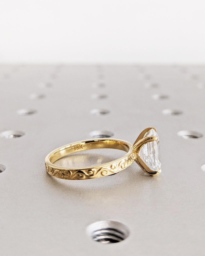 Emerald cut Lab Grown Diamond Vintage Solitaire Engagement Ring, Solid 18K Yellow Gold Filigree Engraving Women Wedding Ring, Bridal Jewelry