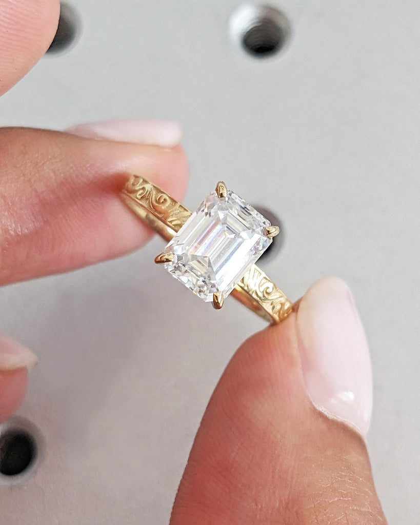 Victorian Emerald Cut Lab Grown Diamond Engagement Ring, Solitaire Lab Diamond Ring, Engraved Filigree Vintage Wedding Ring, Solid Gold Ring