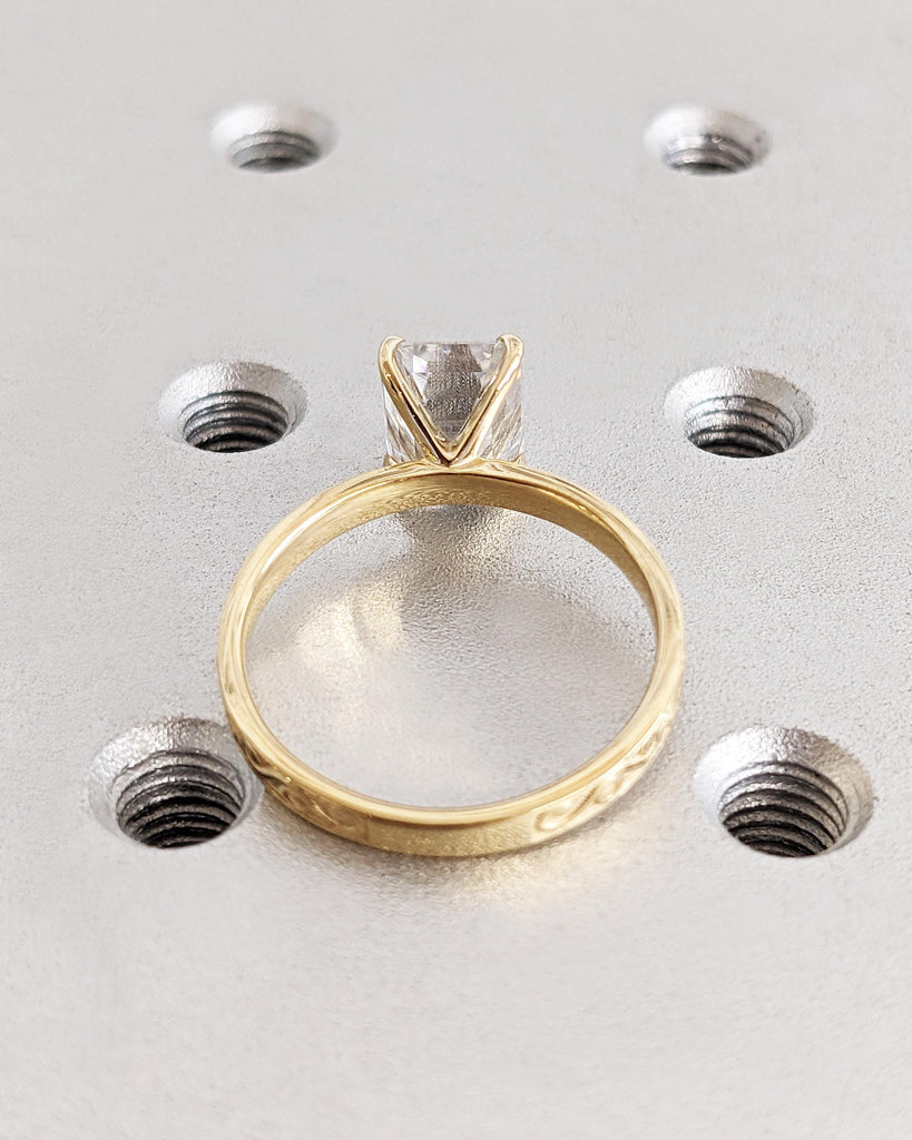 Emerald cut Lab Grown Diamond Vintage Solitaire Engagement Ring, Solid 18K Yellow Gold Filigree Engraving Women Wedding Ring, Bridal Jewelry