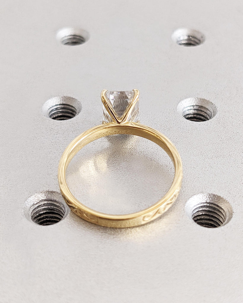 Victorian Emerald Cut Lab Grown Diamond Engagement Ring, Solitaire Lab Diamond Ring, Engraved Filigree Vintage Wedding Ring, Solid Gold Ring