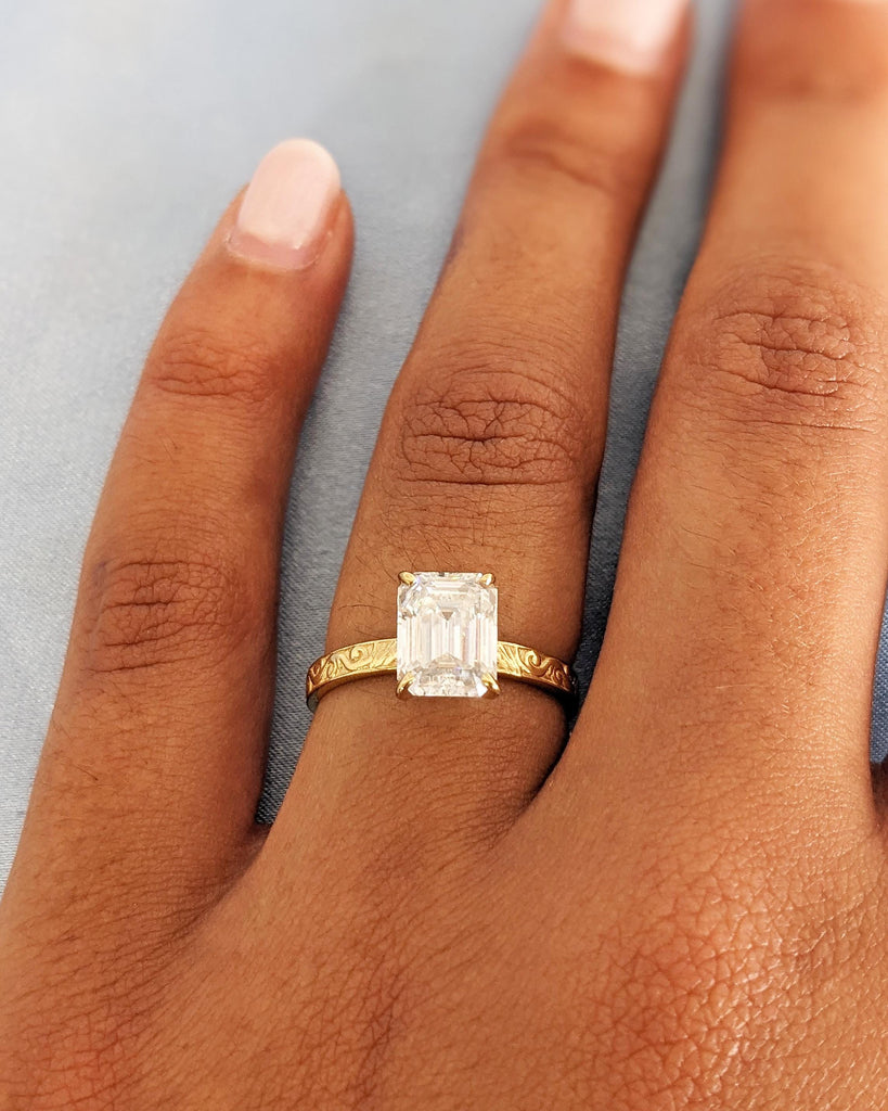 Victorian Emerald Cut Lab Grown Diamond Engagement Ring, Solitaire Lab Diamond Ring, Engraved Filigree Vintage Wedding Ring, Solid Gold Ring