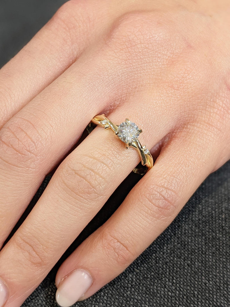 14K Yellow Gold Round Lab Diamond Engagement Ring, Claw Prong Diamond Bridal Ring, Dainty Whimsical Twisted Vine Wedding Ring, Nature Ring