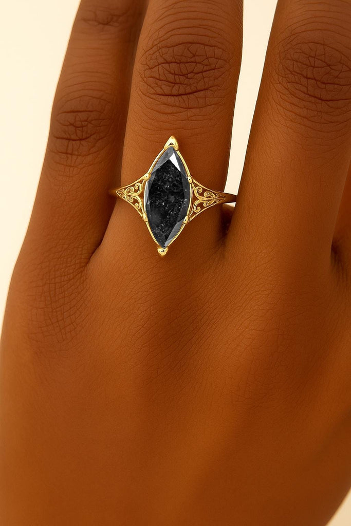 14K Yellow Gold Engagement Ring | Vintage Design Salt and Pepper Diamond Ring | Antique Style Ring | Victorian Style Marquise cut Engagement Ring | Filigree Ring