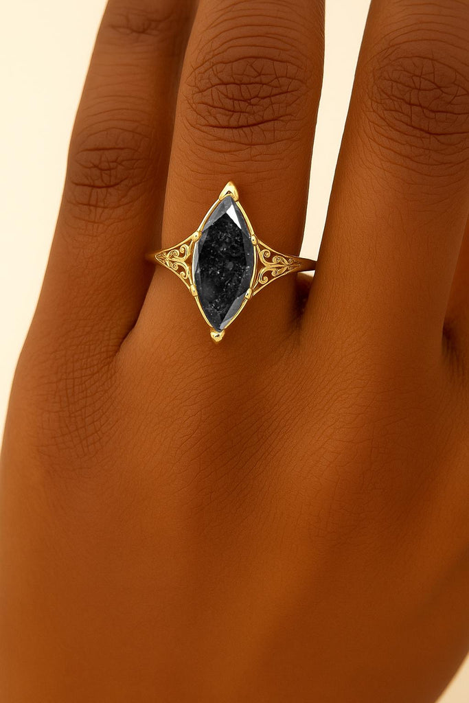 14K Yellow Gold Engagement Ring | Vintage Design Salt and Pepper Diamond Ring | Antique Style Ring | Victorian Style Marquise cut Engagement Ring | Filigree Ring