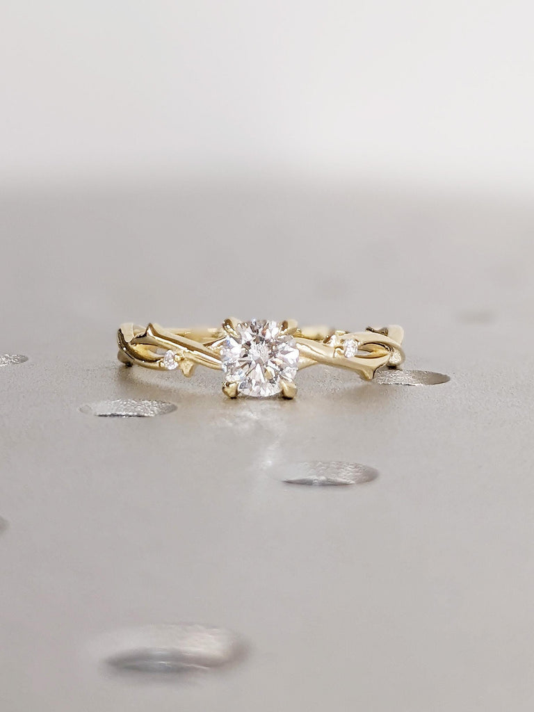Twisted Vine Round Moissanite Diamond Engagement Ring, Rustic 14K Solid Yellow Gold Nature Ring, Dainty Claw Prongs, Cottagecore Aesthetic