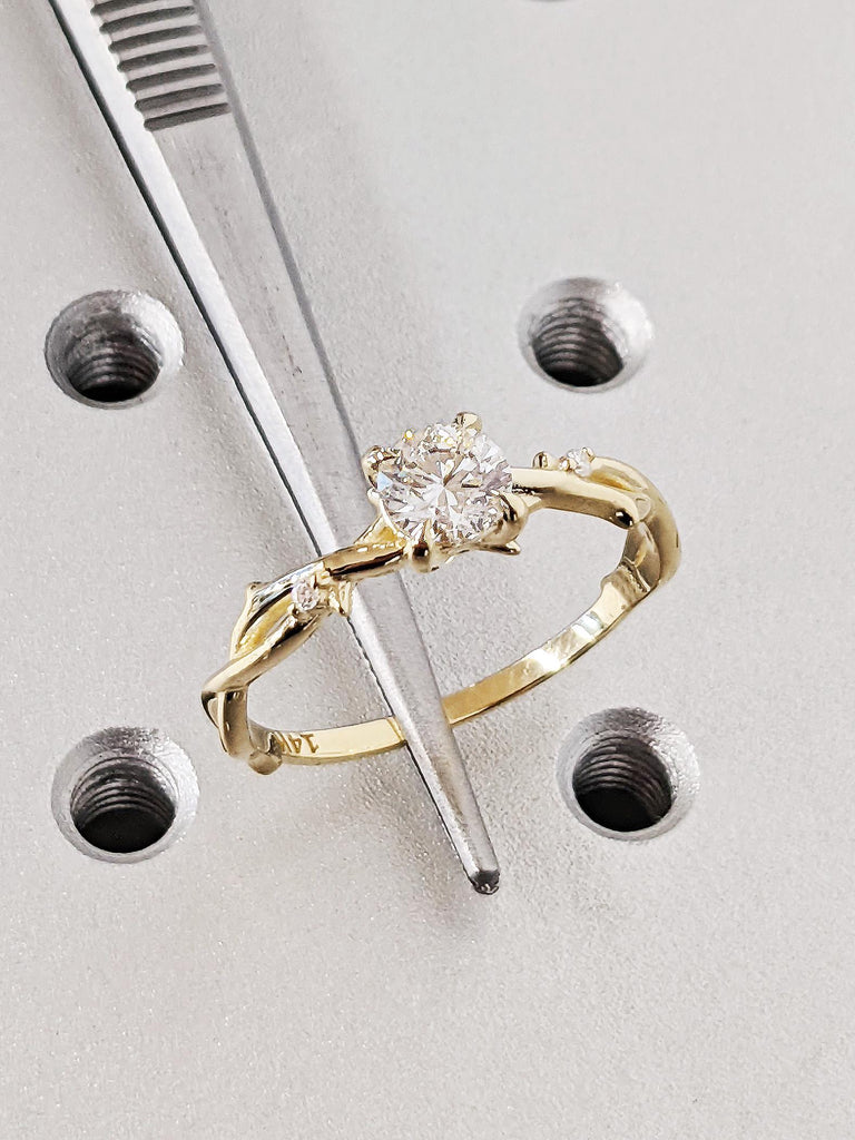 Twisted Vine Round Moissanite Diamond Engagement Ring, Rustic 14K Solid Yellow Gold Nature Ring, Dainty Claw Prongs, Cottagecore Aesthetic