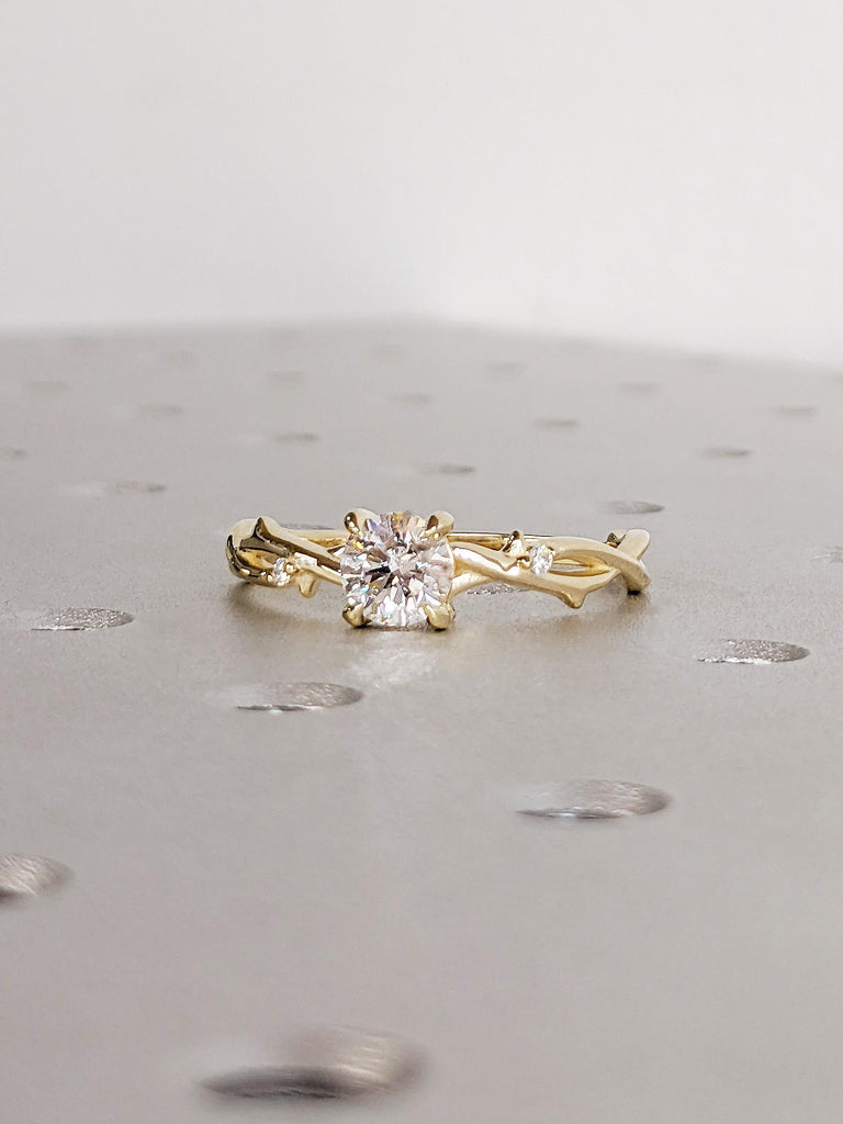 14K Yellow Gold Round Moissanite Engagement Ring, Vintage Claw Prong Diamond Bridal Ring, Whimsical Twisted Vine Wedding Ring, Nature Ring