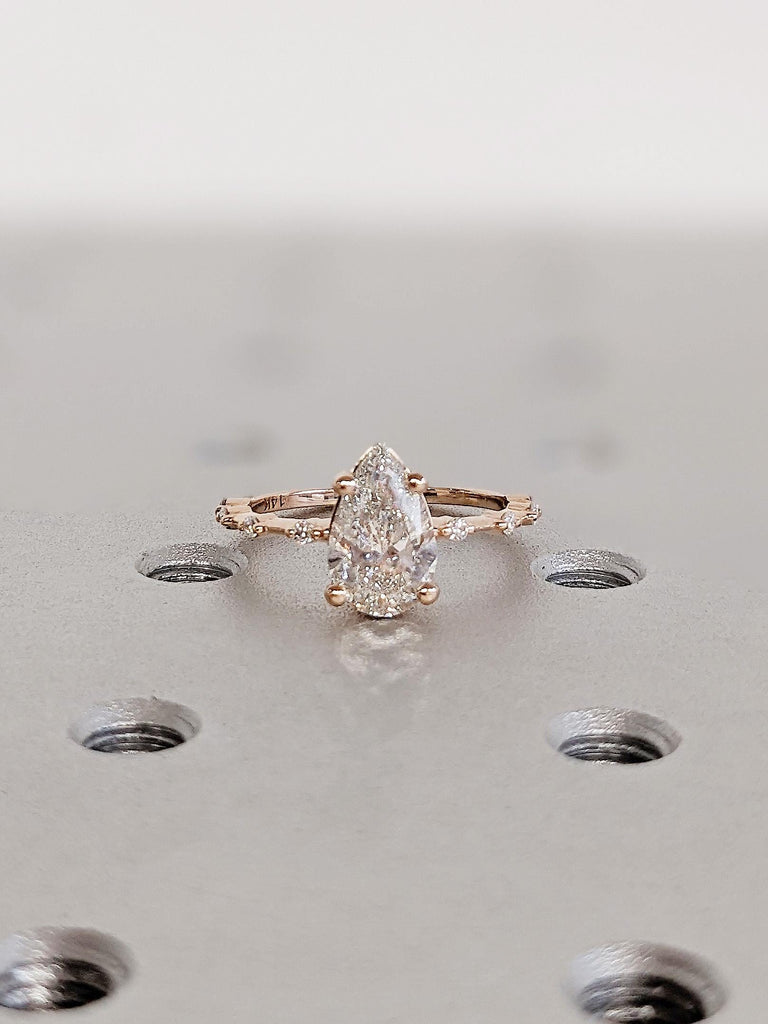 1.5 Carat Pear Lab Diamond Engagement Ring, 14K Rose Gold Dainty Thin Band, 4 Prong Setting, Moissanite Accent Promise Ring, Wedding Ring