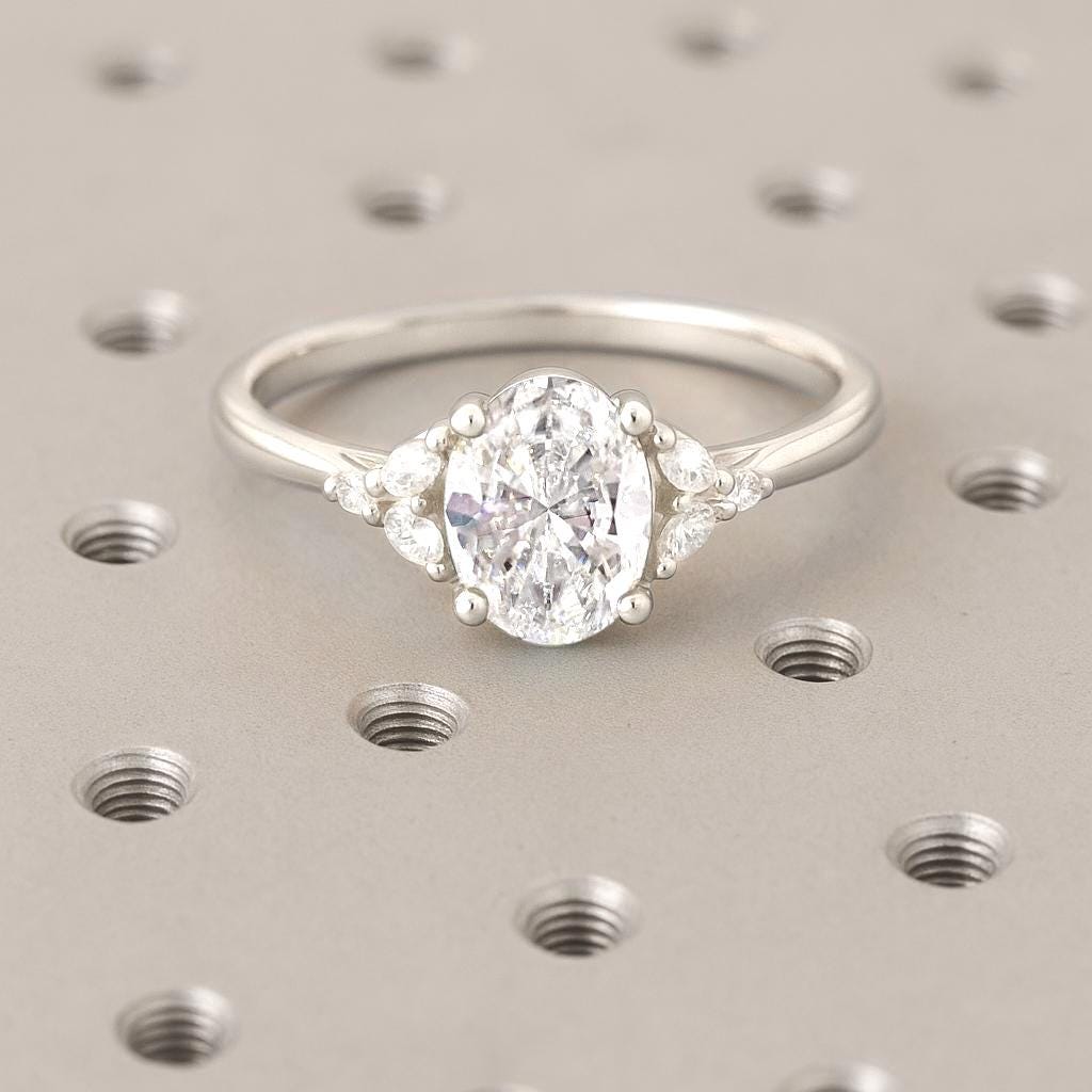 Solid Gold Engagement Ring Oval cut | Marquise cut Moissanite Cluster Ring | Unique Proposal Ring for Her | Dainty Rings