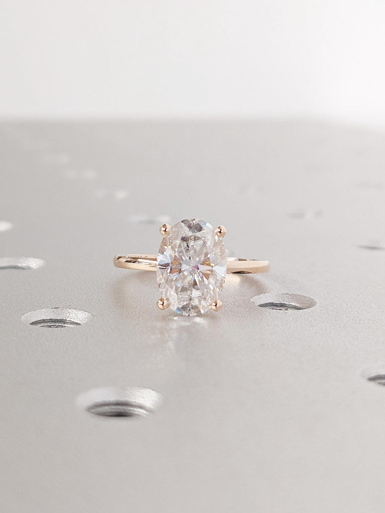 14K Rose Gold Hidden Halo Moissanite Engagement Ring, Classic Oval Cut Solitaire Diamond Ring, Personalized Wedding Ring, Anniversary Gift