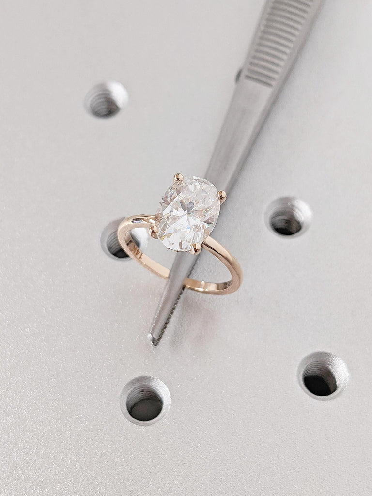 14K Rose Gold Hidden Halo Moissanite Engagement Ring, Classic Oval Cut Solitaire Diamond Ring, Personalized Wedding Ring, Anniversary Gift