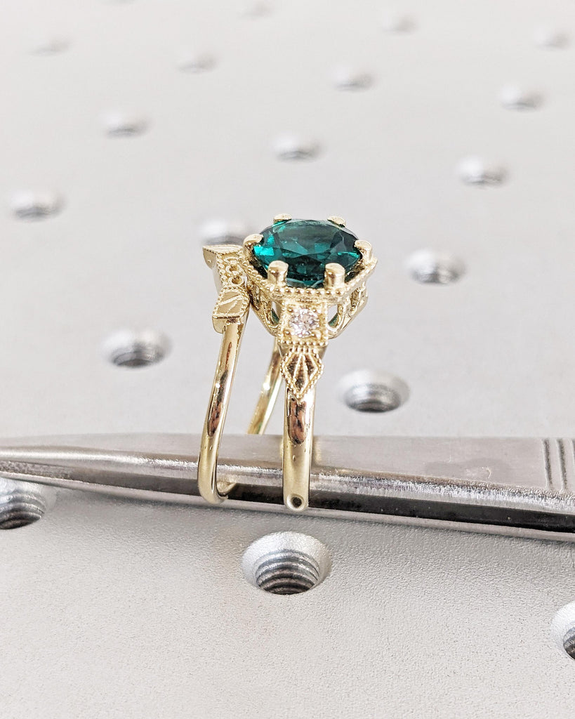 2pc Bridal Set, Emerald Ring & Matching Band Set, Vintage Art Deco Engagement Ring Set, Milgrain 14K Yellow Gold Wedding Ring Set for Women