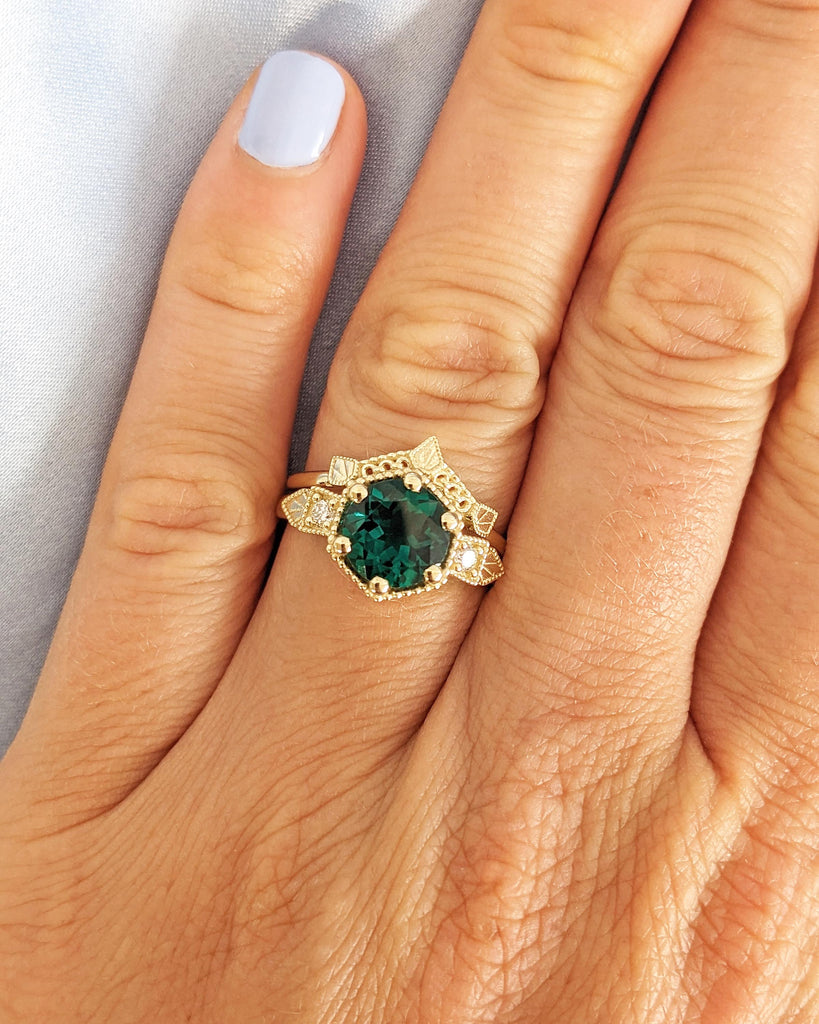 2pc Bridal Set, Emerald Ring & Matching Band Set, Vintage Art Deco Engagement Ring Set, Milgrain 14K Yellow Gold Wedding Ring Set for Women