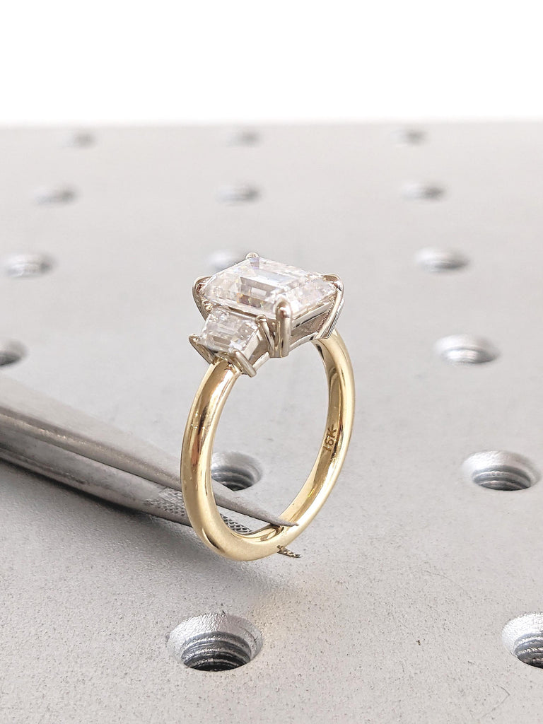 Emerald Cut Lab Grown Diamond Engagement Ring, Two Tone 18k Gold Three Stone Ring, Art Deco Lab Diamond Ring, Trapezoid and Emerald Cut Ring image #9