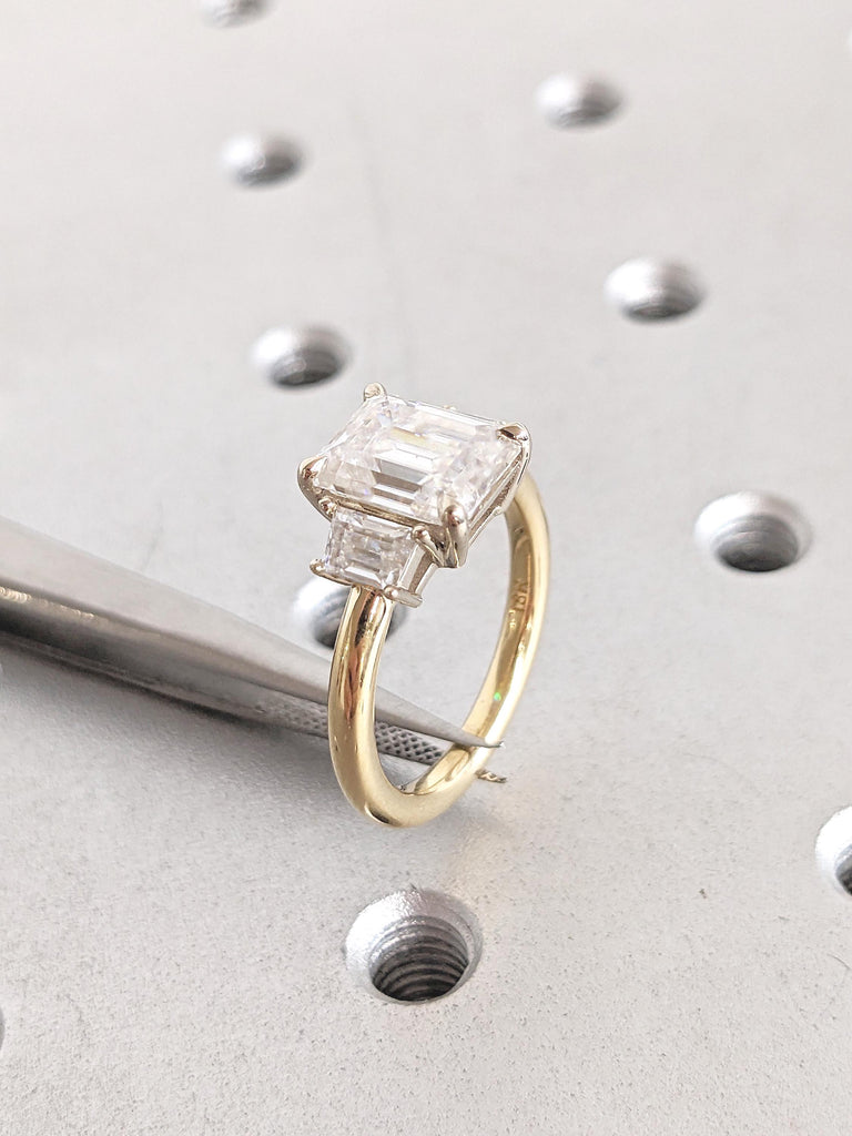 Emerald Cut Lab Grown Diamond Engagement Ring, Two Tone 18k Gold Three Stone Ring, Art Deco Lab Diamond Ring, Trapezoid and Emerald Cut Ring image #10